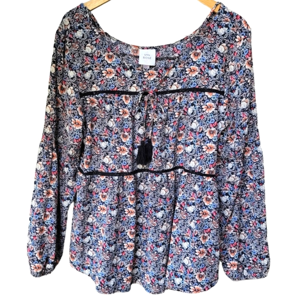 Knox Rose Floral Bohemian Peplum Blouse Tassel Tie Neck Size XXL